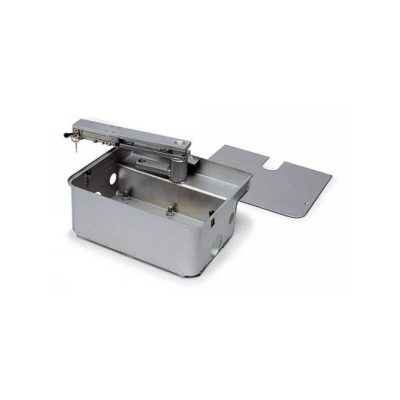 CAME FROG-CFI AISI 304 steel foundation box, complete with release latching lever, gate fastening brace, slots for fastening to post, and screw for adjusting the opening limit switch point.